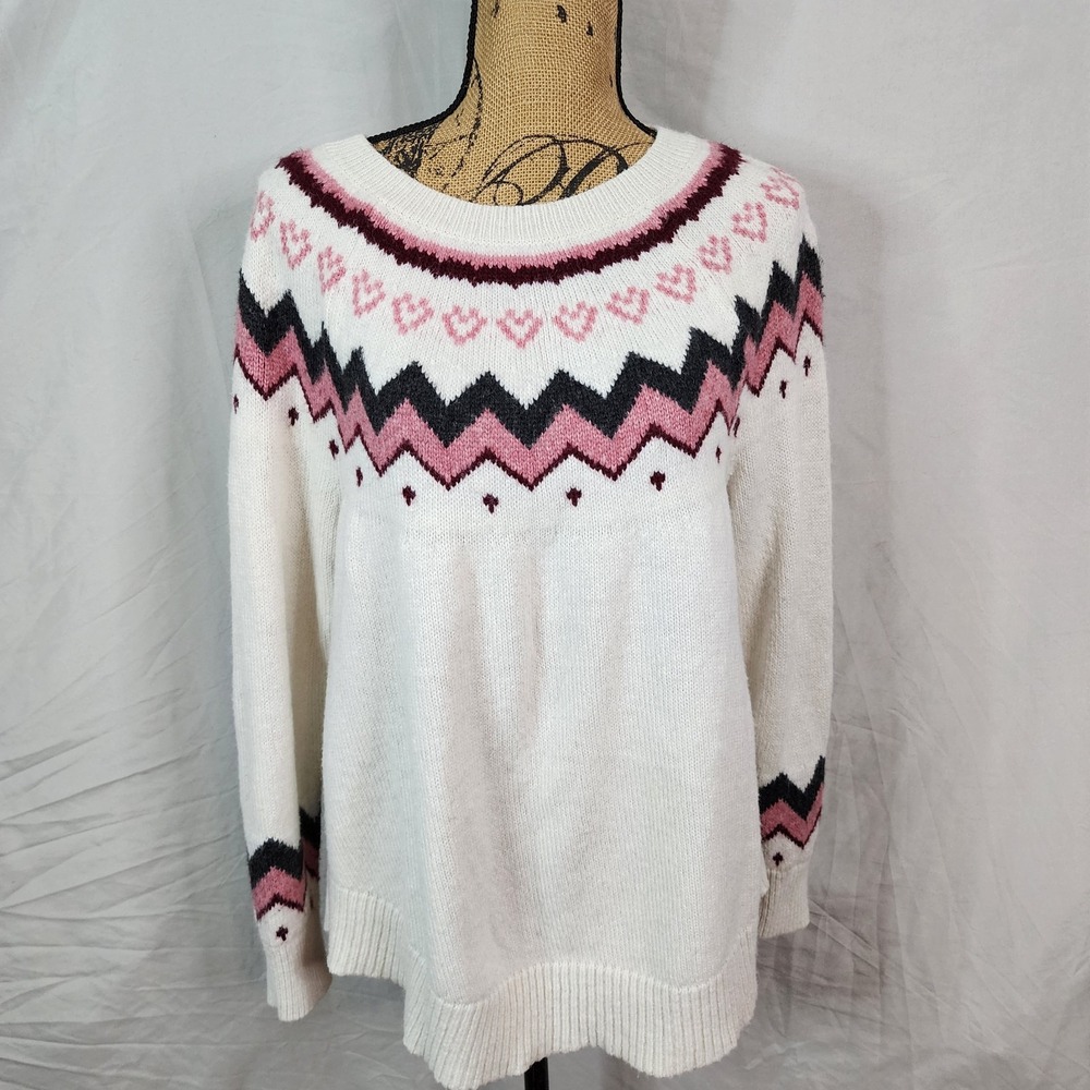 LOFT Cream Crewneck Sweater with Pink and Black Fair Isle